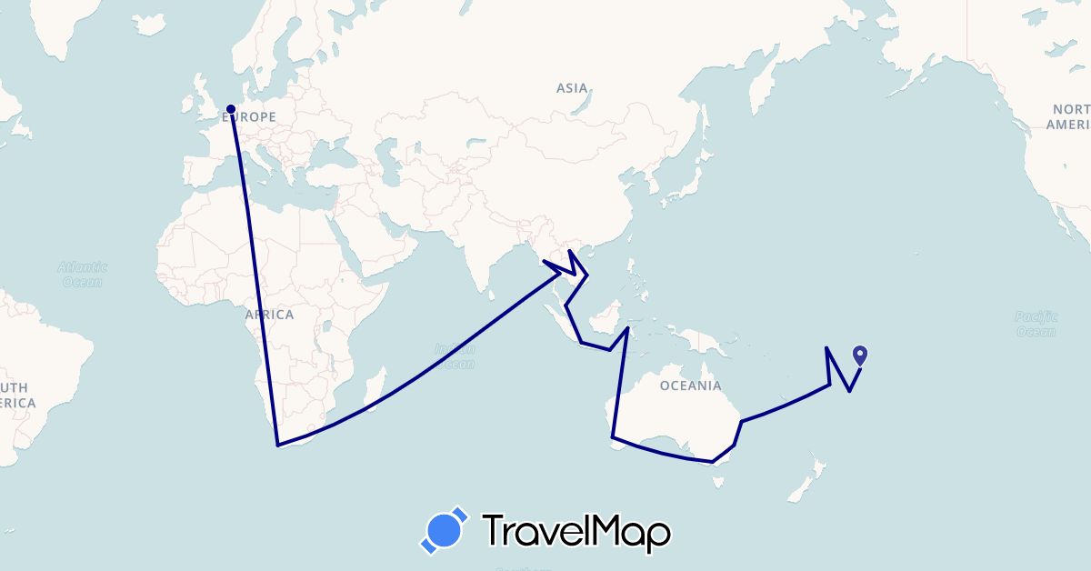 TravelMap itinerary: driving in Australia, Fiji, Indonesia, Cambodia, Laos, Myanmar (Burma), Malaysia, Netherlands, Thailand, Tonga, Tuvalu, Vietnam, Samoa, South Africa (Africa, Asia, Europe, Oceania)